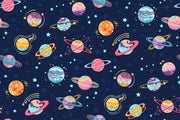 Space-themed wall mural for kids featuring colorful planets, stars, and galaxies on a navy blue background, perfect for children's room decor.