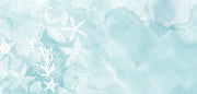 Coastal seashell wall mural and wallpaper with white starfish, coral and seashell illustrations on a soft aqua watercolor background.