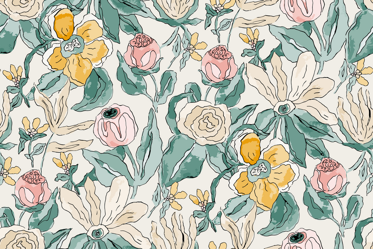 Charming  floral wall mural with pink, yellow, and green flowers.