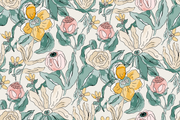 Charming  floral wall mural with pink, yellow, and green flowers.
