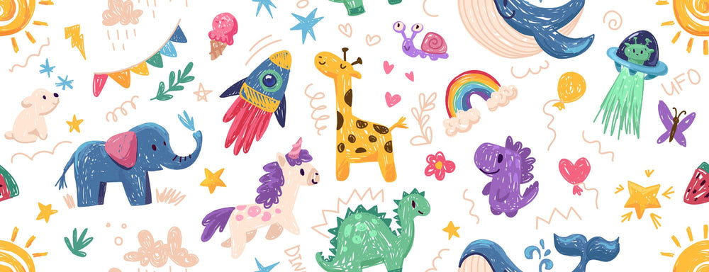 Colorful children's pattern with various animals and objects on a white background