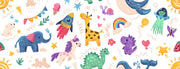 Colorful children's pattern with various animals and objects on a white background