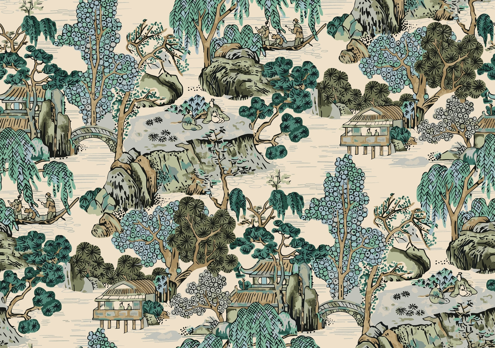 Detailed view of Chinoiserie mural showcasing hand-illustrated trees, pavilions, and serene water features in soft jade, taupe, and ivory tones.
