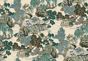 Detailed view of Chinoiserie mural showcasing hand-illustrated trees, pavilions, and serene water features in soft jade, taupe, and ivory tones.
