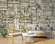Sketch town wall mural featuring hand-drawn urban houses and rooftops, creating a nostalgic and artistic living room ambiance.