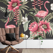 Tropical flowers and flamingos wall mural image 2