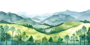 Watercolor green hills wall mural featuring lush rolling landscapes and soft blue mountains.