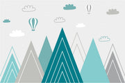 Modern geometric mountain wall mural in teal and grey with hot air balloons and clouds.