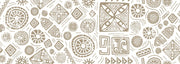 Modern tribal geometric wall mural in gold and white with abstract patterns, styled in contemporary living room with blush chair
