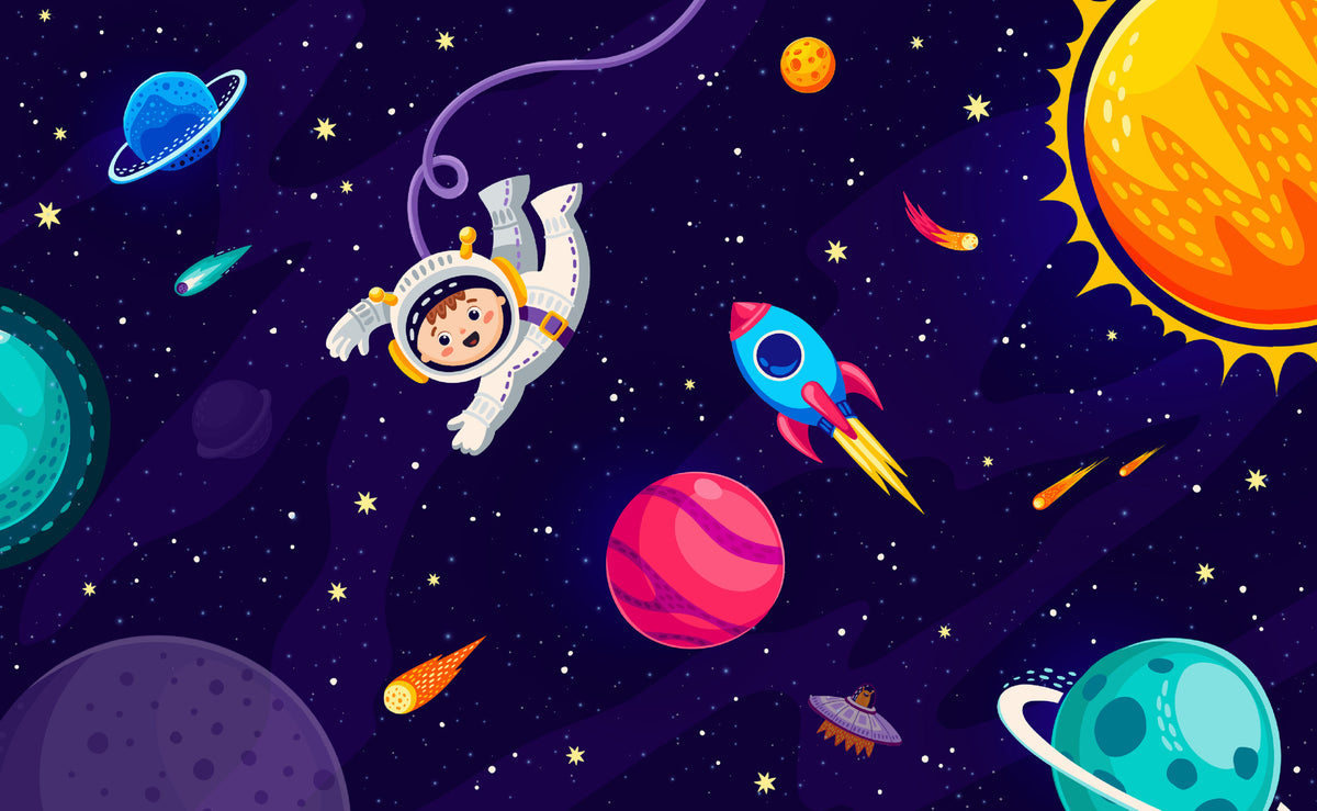 Cosmic explorer wall mural with cartoon astronaut, rocket ship, planets, and starry galaxy background.