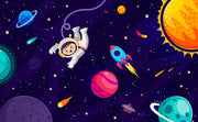 Cosmic explorer wall mural with cartoon astronaut, rocket ship, planets, and starry galaxy background.