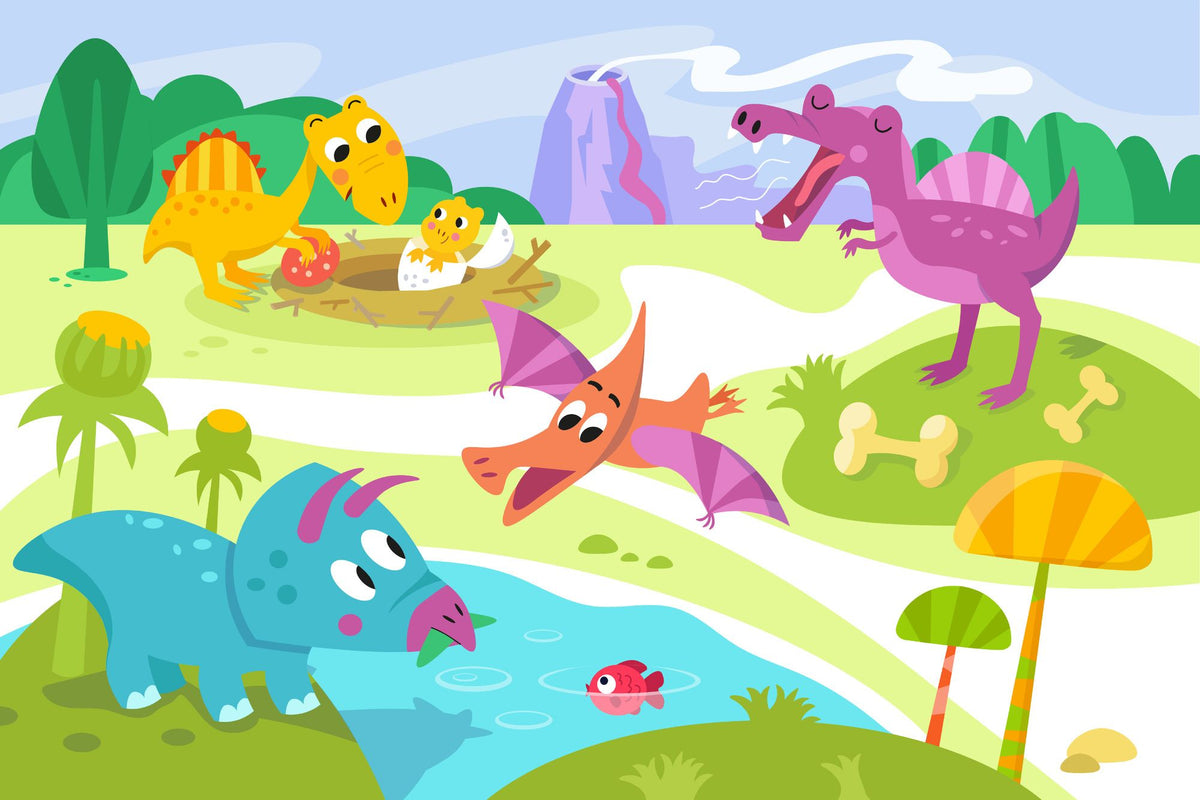 A playful dinosaur wall mural with bright cartoon-style dinosaurs, a volcano, greenery, and prehistoric elements in a kids' room.