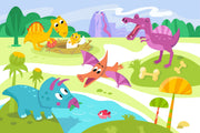 A playful dinosaur wall mural with bright cartoon-style dinosaurs, a volcano, greenery, and prehistoric elements in a kids' room.