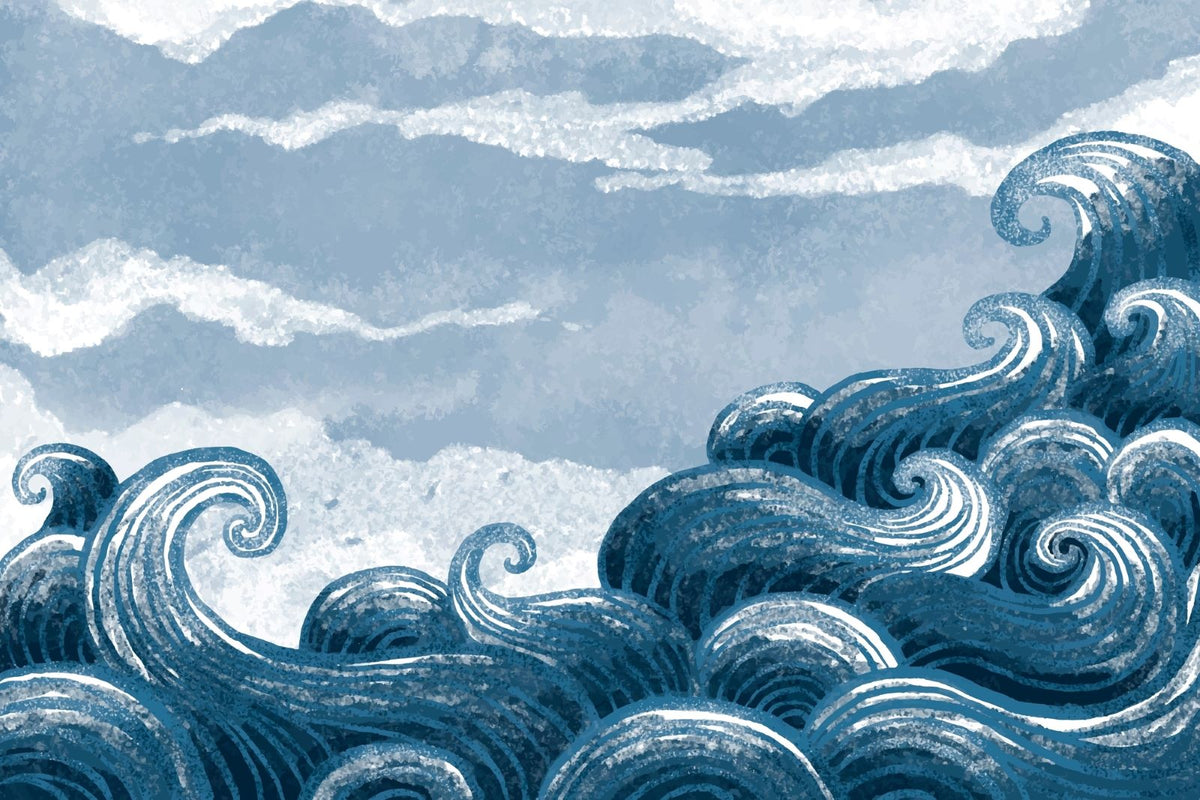 Wave-themed wall mural with dynamic blue ocean waves and cloudy skies.