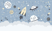 Space-themed wall mural with rocket, UFOs, planets, and constellations on a blue sky background—ideal for kids' room décor.