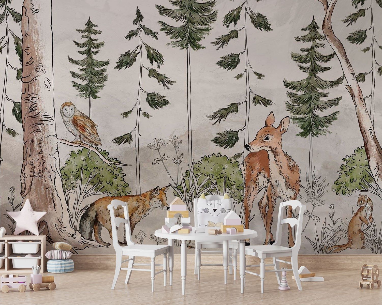 A charming woodland wall mural featuring a deer, fox, owl, and lush greenery surrounded by tall trees. Perfect for kid's rooms or nature-themed nurseries.
