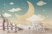 Pastel moon and clouds wall mural with twinkling stars, perfect for nurseries and kids' rooms.