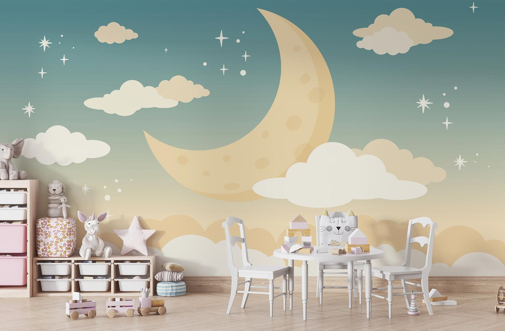 Pastel moon and clouds wall mural with twinkling stars, perfect for nurseries and kids' rooms.