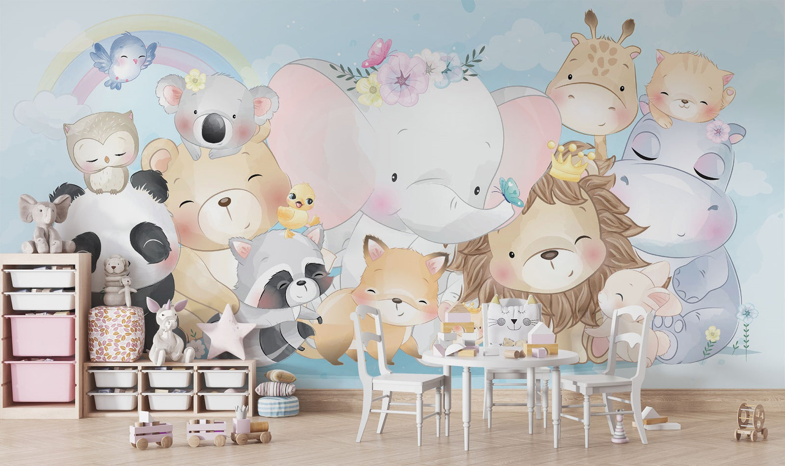 Watercolor baby animal wall mural with an elephant, lion, panda, fox, koala, and other cute creatures in pastel tones.