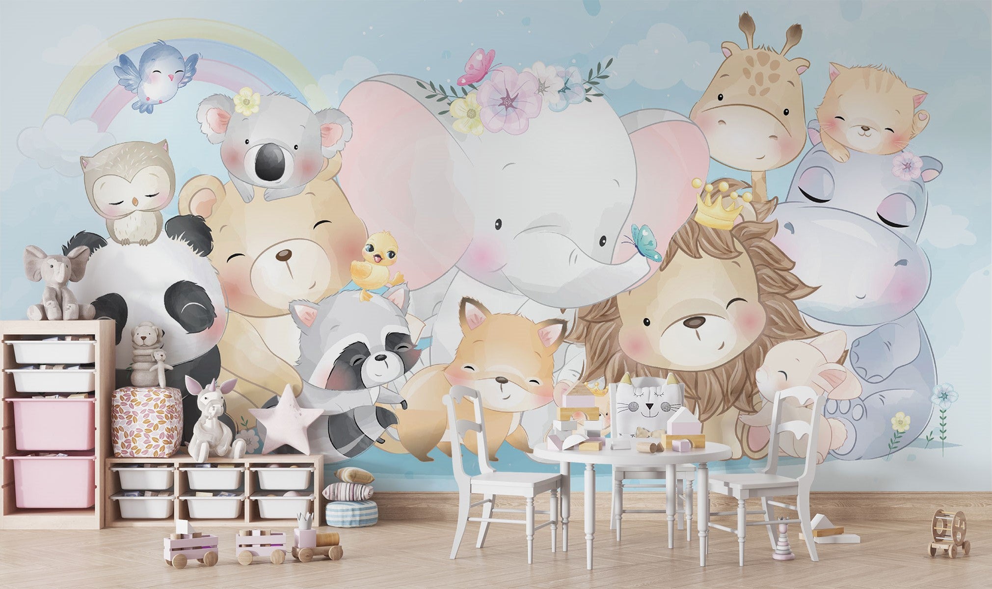 Watercolor baby animal wall mural with an elephant, lion, panda, fox, koala, and other cute creatures in pastel tones.