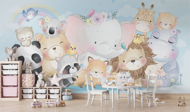 Watercolor baby animal wall mural with an elephant, lion, panda, fox, koala, and other cute creatures in pastel tones.
