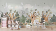 Fantasy Woodland Wall Mural with watercolor pine trees, oak branches, and misty mountains. Perfect nursery or children's room decor.