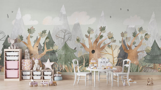 Fantasy Woodland Wall Mural with watercolor pine trees, oak branches, and misty mountains. Perfect nursery or children's room decor.
