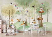 Woodland fox wall mural featuring playful foxes, treehouses, and a lush green forest; perfect for nursery, kid's bedroom or playroom décor.