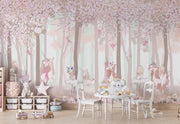 Fairy Forest Wall Mural with whimsical fairies, unicorns, cherry blossoms, and woodland scenery, perfect for a magical-themed children's room.