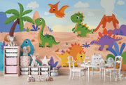 Playful cartoon dinosaur wall mural featuring friendly dinosaurs, a prehistoric landscape, volcanoes, and palm trees in bright, colorful tones for kid's rooms.