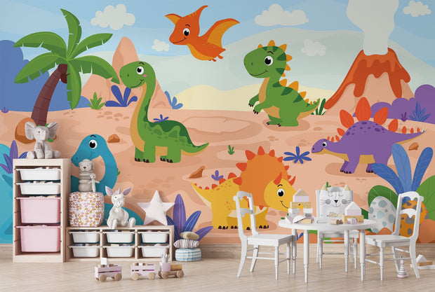 Playful cartoon dinosaur wall mural featuring friendly dinosaurs, a prehistoric landscape, volcanoes, and palm trees in bright, colorful tones for kid's rooms.