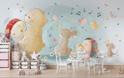 Illustrated woodland animal wall mural featuring a bear playing a drum, a bunny with marbles, a hedgehog with lights, and a mouse with maracas, surrounded by music notes and confetti – perfect for nurseries and kids’ rooms.