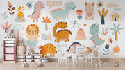 Cute pastel dinosaur mural featuring friendly dino characters, volcanoes, and nature elements for a fun and modern kids' room.