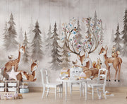 Enchanted meadow nursery wall mural with watercolor forest animals.