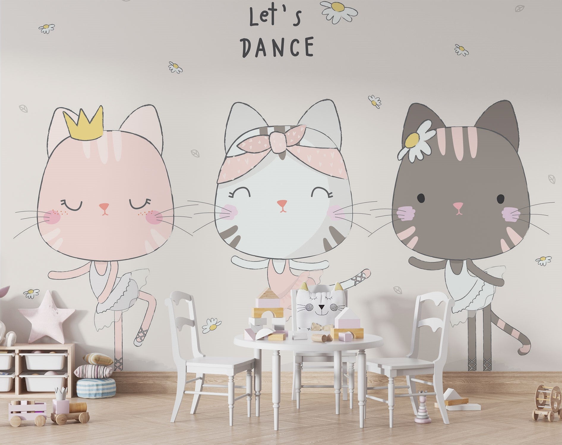Adorable cat ballerina mural in soft pastel colors, showing three dancing cats in tutus with the phrase "Let's Dance" above them, decorating a children’s play area.