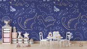 Navy blue dinosaur wall mural with outlined dinos, cacti, and doodles in a playful, modern style—perfect for kids' rooms.