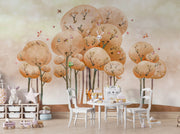 Woodland adventure wall mural with illustrated trees, animals and playful nature elements in a cozy children's room setting.