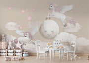 Whimsical Unicorn and Moon Wall Mural with flying unicorns, a smiling moon, pink stars, and fluffy clouds. Perfect fantasy decor for children's rooms.