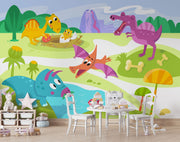 A playful dinosaur wall mural with bright cartoon-style dinosaurs, a volcano, greenery, and prehistoric elements in a kids' room.