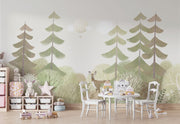 Soft pastel woodland wall mural with trees, a deer, and a dreamy forest landscape for nurseries and kids' rooms.