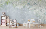 Soft blue and green wall mural with delicate white blossoms, creating a peaceful and elegant ambiance.