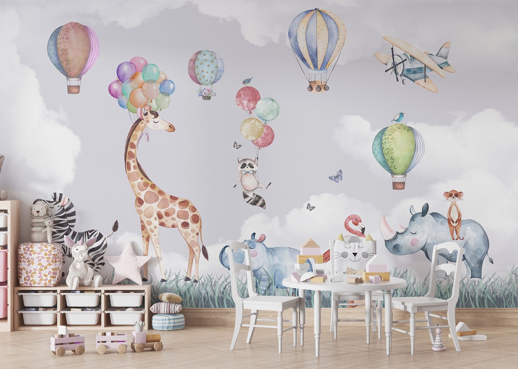 Safari-themed wall mural with watercolor animals, hot air balloons, and a pastel sky—ideal for nursery and kids' room décor.