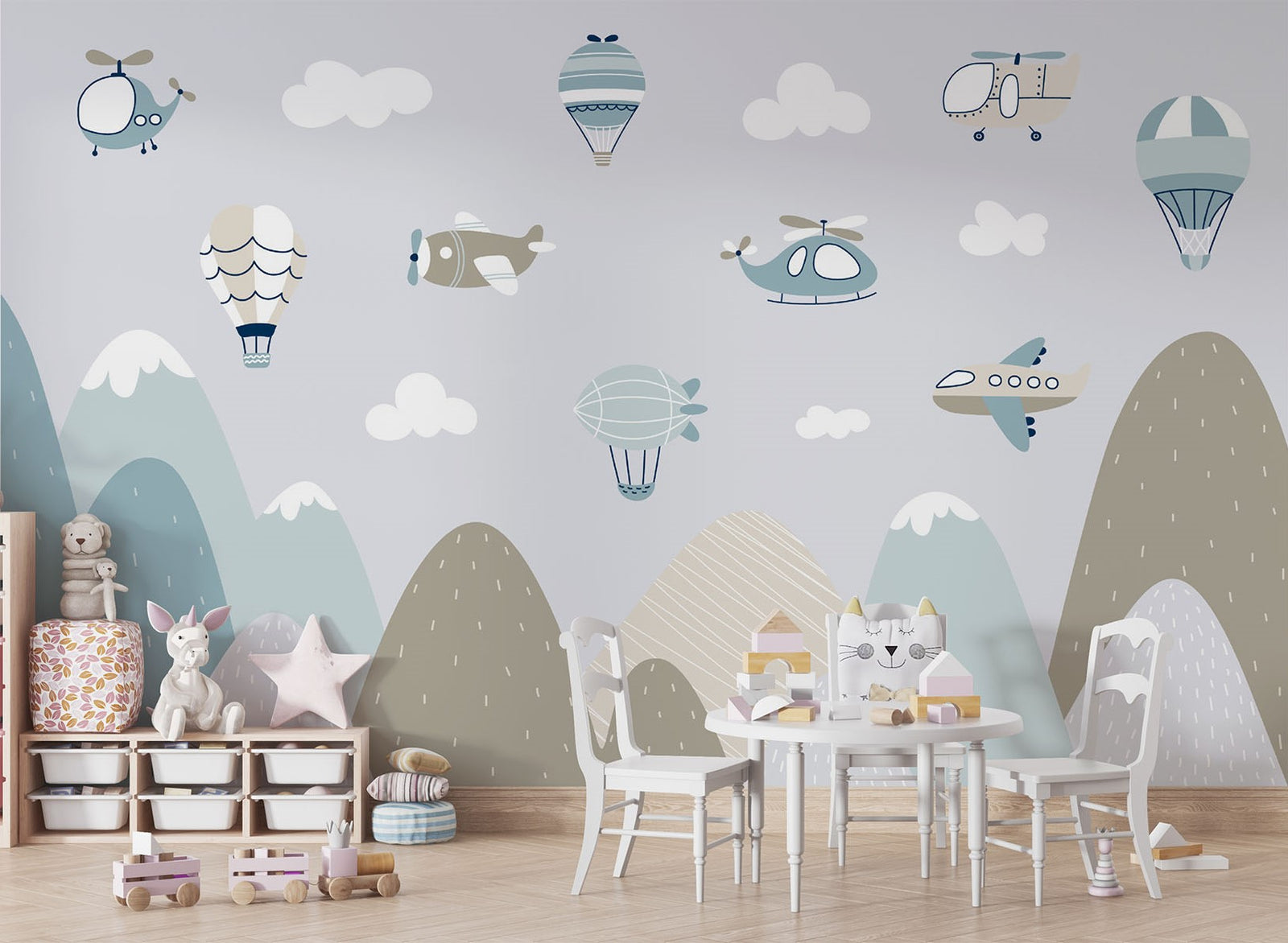 Aviation-themed wall mural for kids featuring airplanes, helicopters, hot air balloons, and mountains in soft pastel colors, perfect for a nursery or playroom.