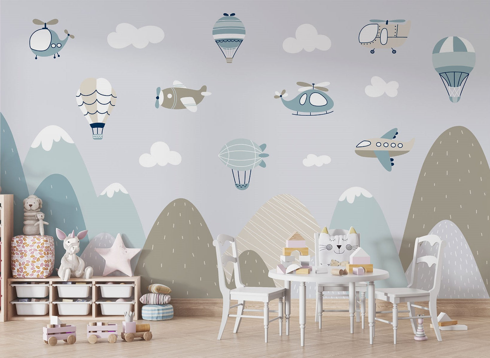 Aviation-themed wall mural for kids featuring airplanes, helicopters, hot air balloons, and mountains in soft pastel colors, perfect for a nursery or playroom.