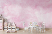 Blush Dreams soft pink watercolor wall mural in a kids' playroom.