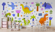 A colorful dinosaur wall mural with playful hand-drawn dinos, palm trees, and doodles, perfect for kids' rooms and nurseries.