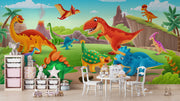 Cartoon dinosaur wall mural featuring a roaring T-Rex, playful dinosaurs, and a bright prehistoric landscape, perfect for kid's bedrooms and playrooms.
