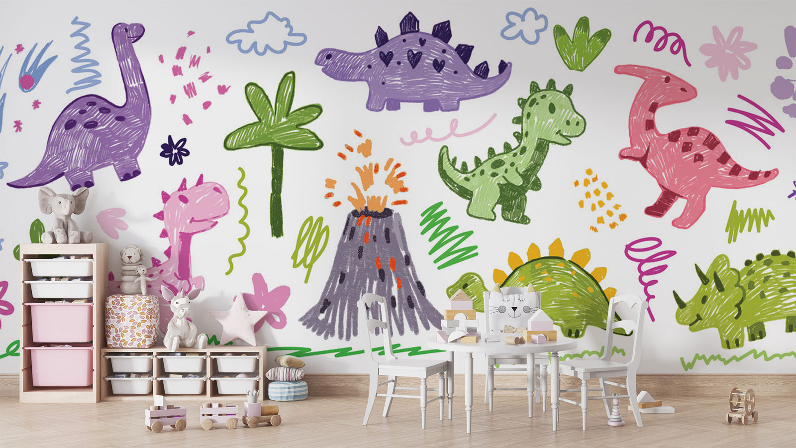 Bright and playful dinosaur doodle mural featuring colorful, crayon-style dinos, volcanoes, and prehistoric plants for a kids' room.