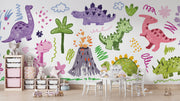 Bright and playful dinosaur doodle mural featuring colorful, crayon-style dinos, volcanoes, and prehistoric plants for a kids' room.