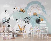 Construction site wall mural with trucks, diggers, and cranes in a pastel blue and orange theme, ideal for kids’ room decor.